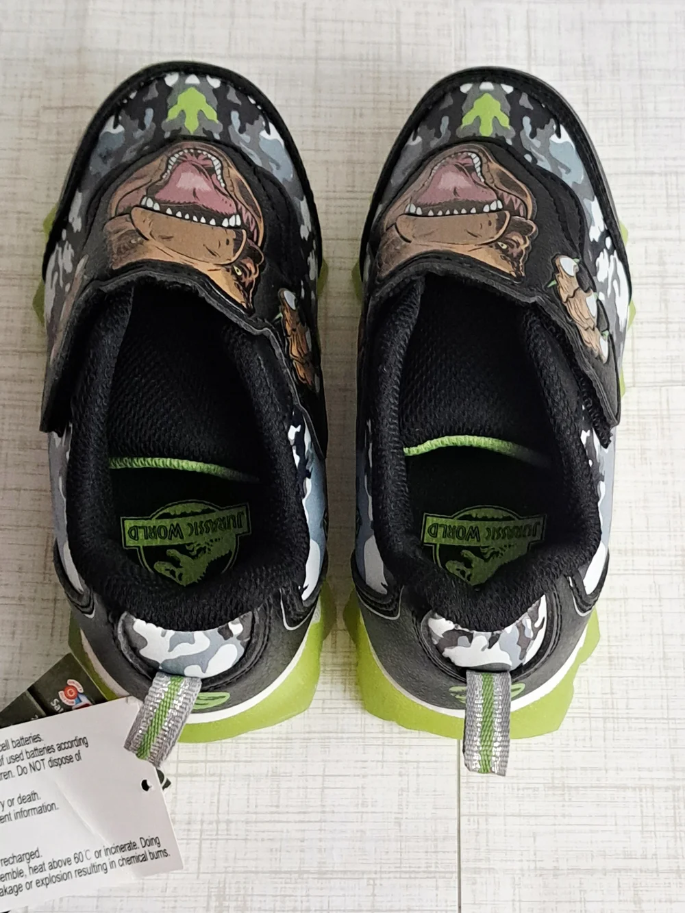 Jurassic World Kids Light Up  Black & Green Camo Dino Slip-On Sneakers